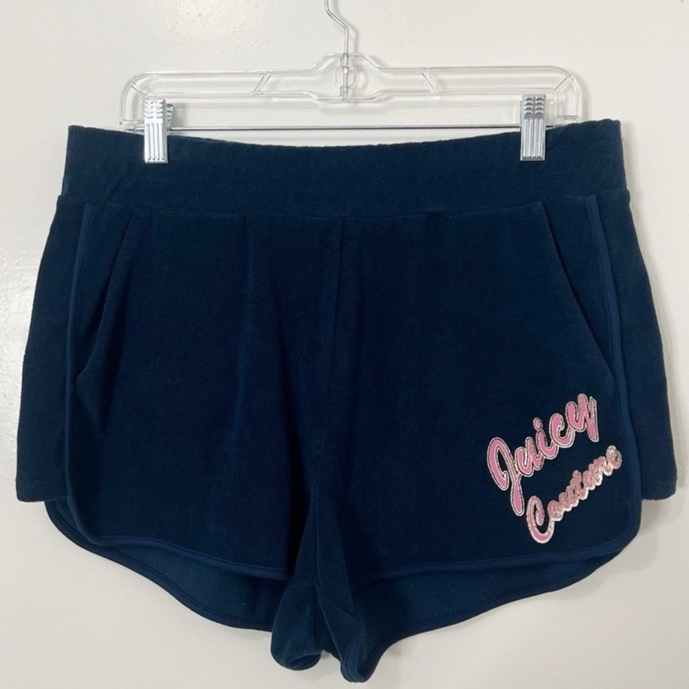 Juicy Couture Regal Blue Terry Cloth Shorts Pink Logo Dolphin Hem Large NWT